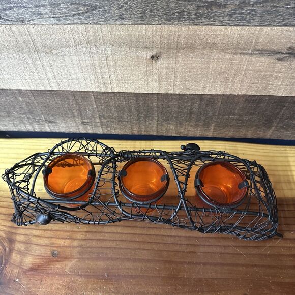 Metal Spider Web 3 Orange Votive Candle Holder Halloween - Picture 3 of 7